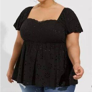 Torrid Size 3 Deep Black Babydoll Eyelet Challis Blouse Top